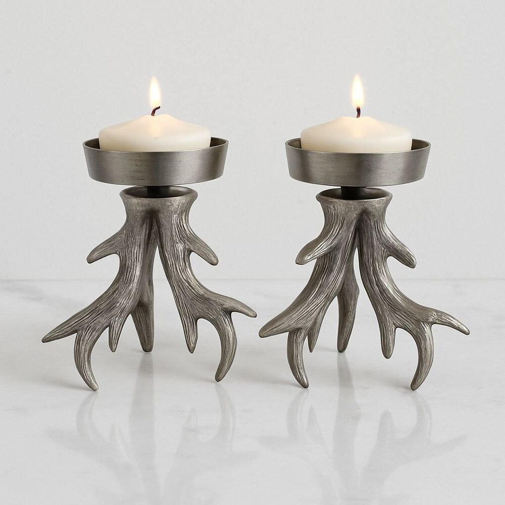 Set Silver Cast Metal Antler Pillar Candle Holder Pair Rustic Lodge Decor Cabin